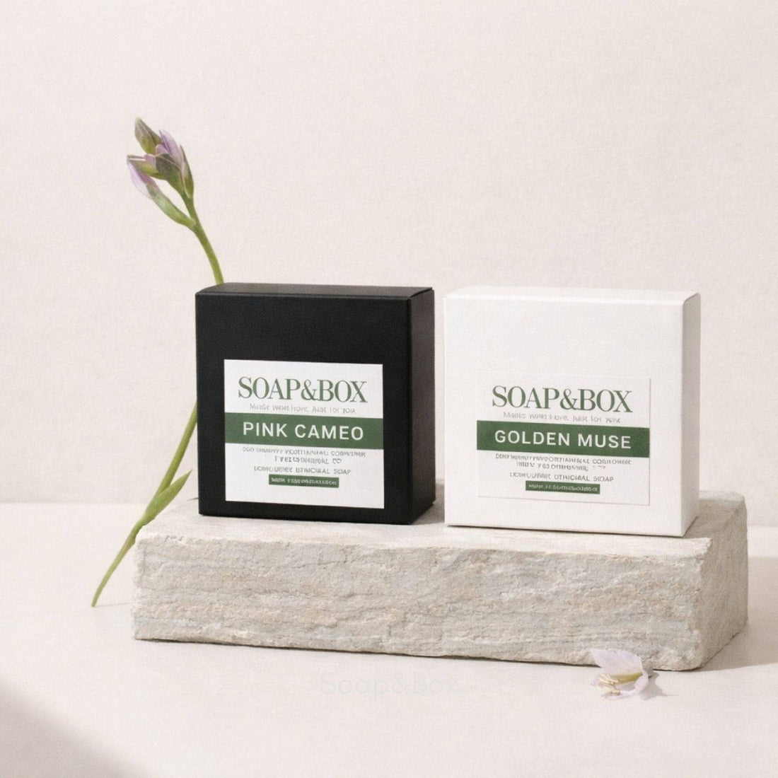Soap&Box Pink Cameo and Golden Muse handmade soap bars in minimalist packaging