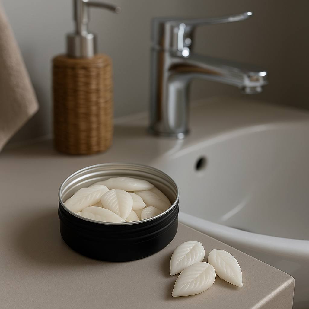 Mini handmade soaps in tin container beside bathtub with candle and foam bath