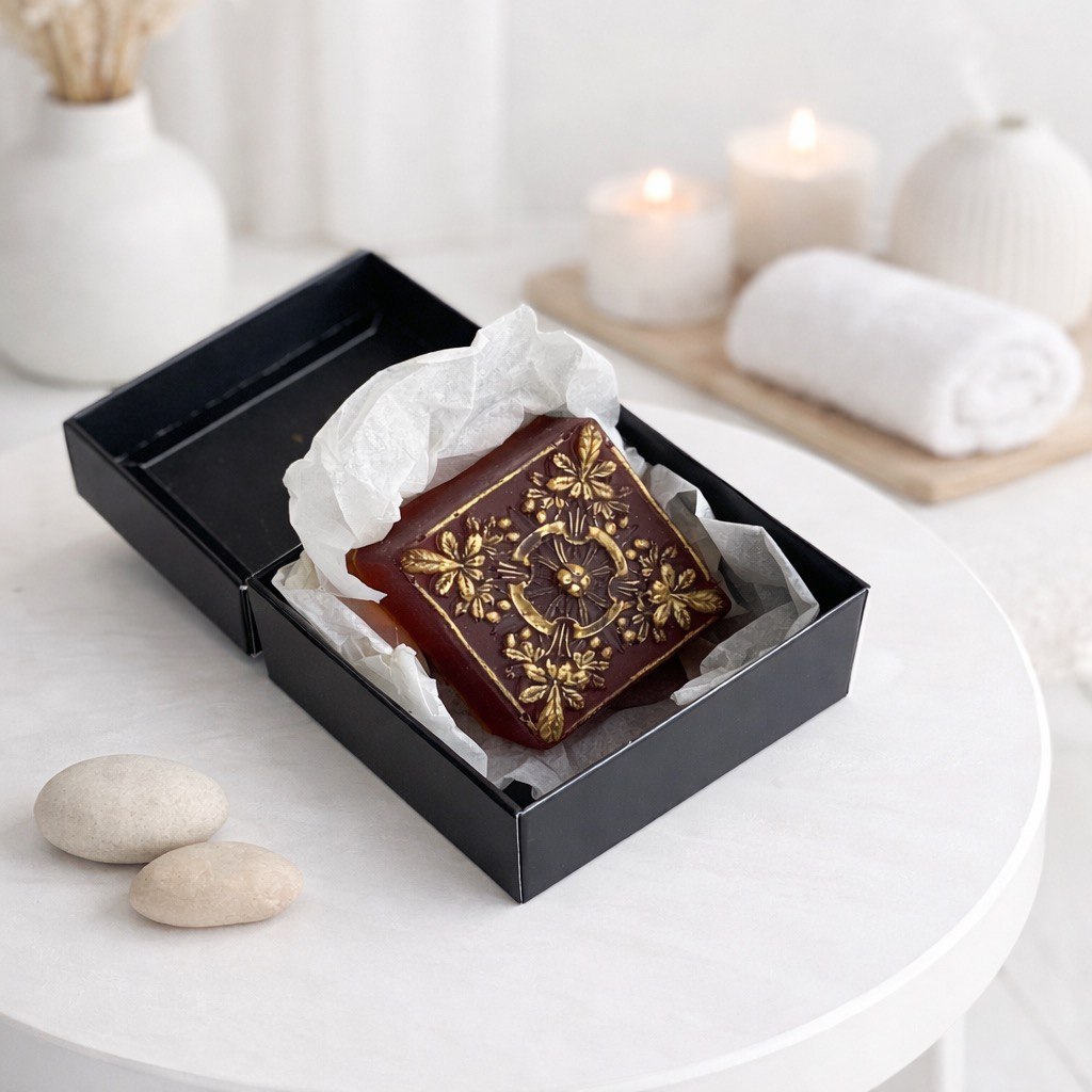 Golden Saffron handmade soap with saffron, shea butter and glycerin on a light background