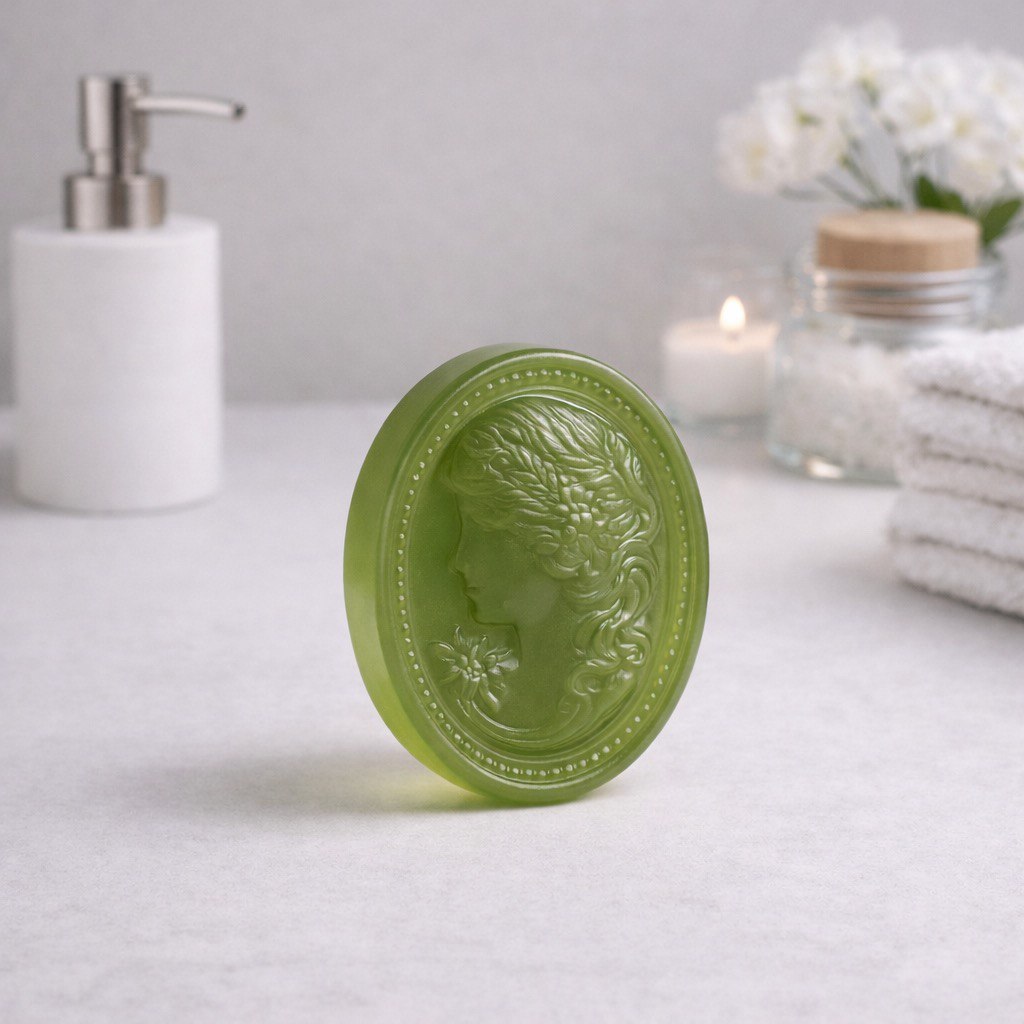 Green soap with decorative design on a black floral arrangement in a bathroom setting.