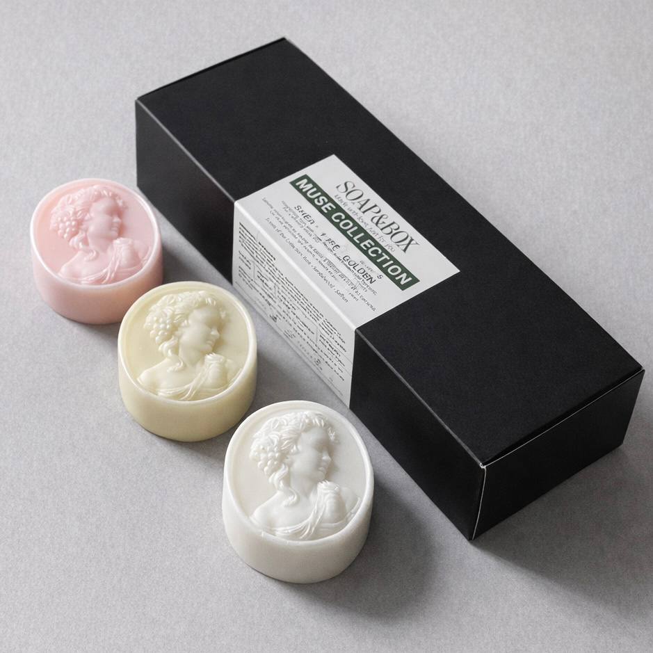 Handcrafted botanical soap trio by Soap&Box — elegant gift set with shea butter and natural oils, beautifully boxed for any occasion.
