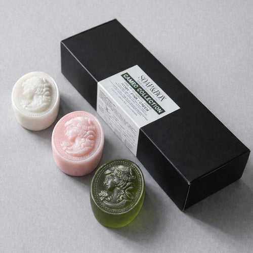 Handcrafted botanical soap trio by Soap&Box — elegant gift set with shea butter and natural oils, beautifully boxed for any occasion.