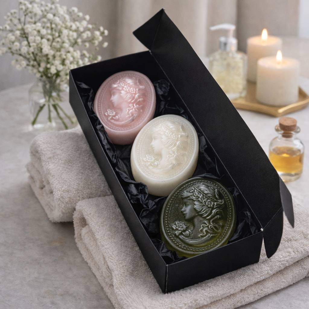 Handcrafted botanical soap trio by Soap&Box — elegant gift set with shea butter and natural oils, beautifully boxed for any occasion.
