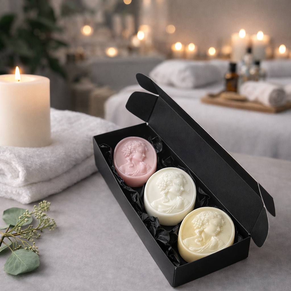 Handcrafted botanical soap trio by Soap&Box — elegant gift set with shea butter and natural oils, beautifully boxed for any occasion.
