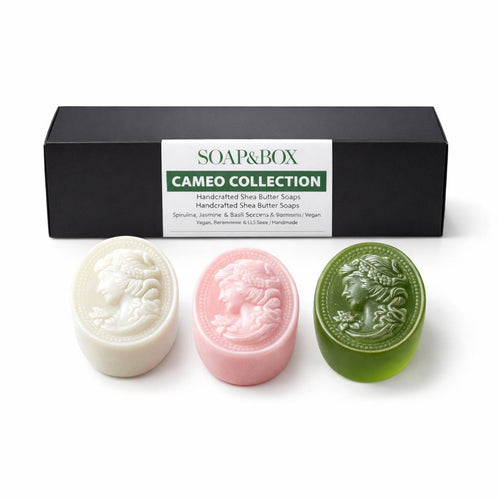 Handcrafted botanical soap trio by Soap&Box — elegant gift set with shea butter and natural oils, beautifully boxed for any occasion.