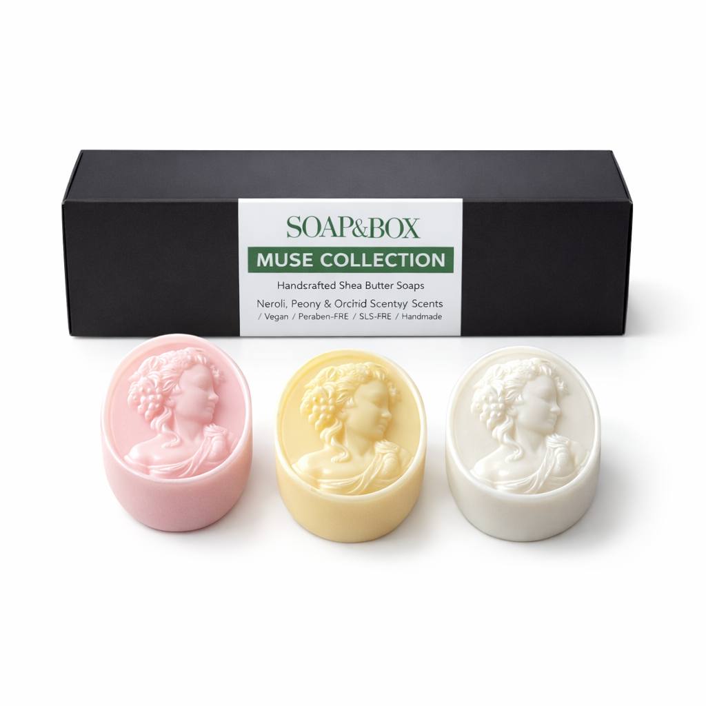 Handcrafted botanical soap trio by Soap&Box — elegant gift set with shea butter and natural oils, beautifully boxed for any occasion.