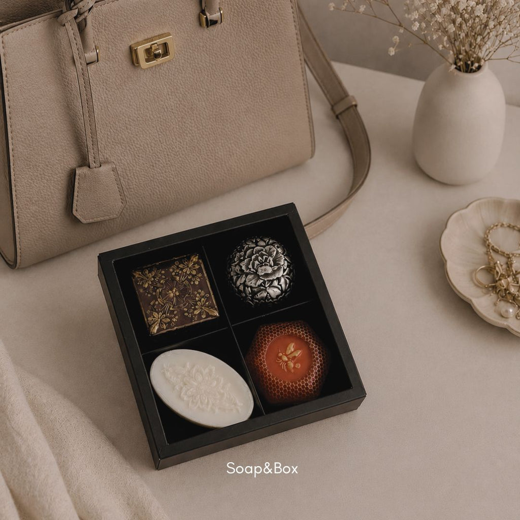 Luxury artisan soap collection with textured botanical soaps by Soap&Box