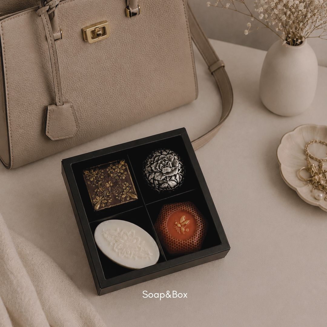 Luxury artisan soap collection with textured botanical soaps by Soap&Box