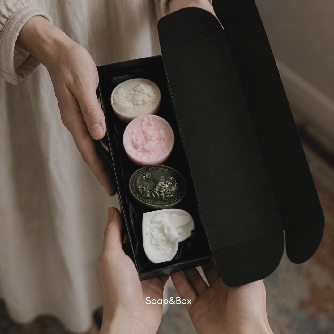 Minimalist black gift box with luxury artisan soaps by Soap&Box Canada