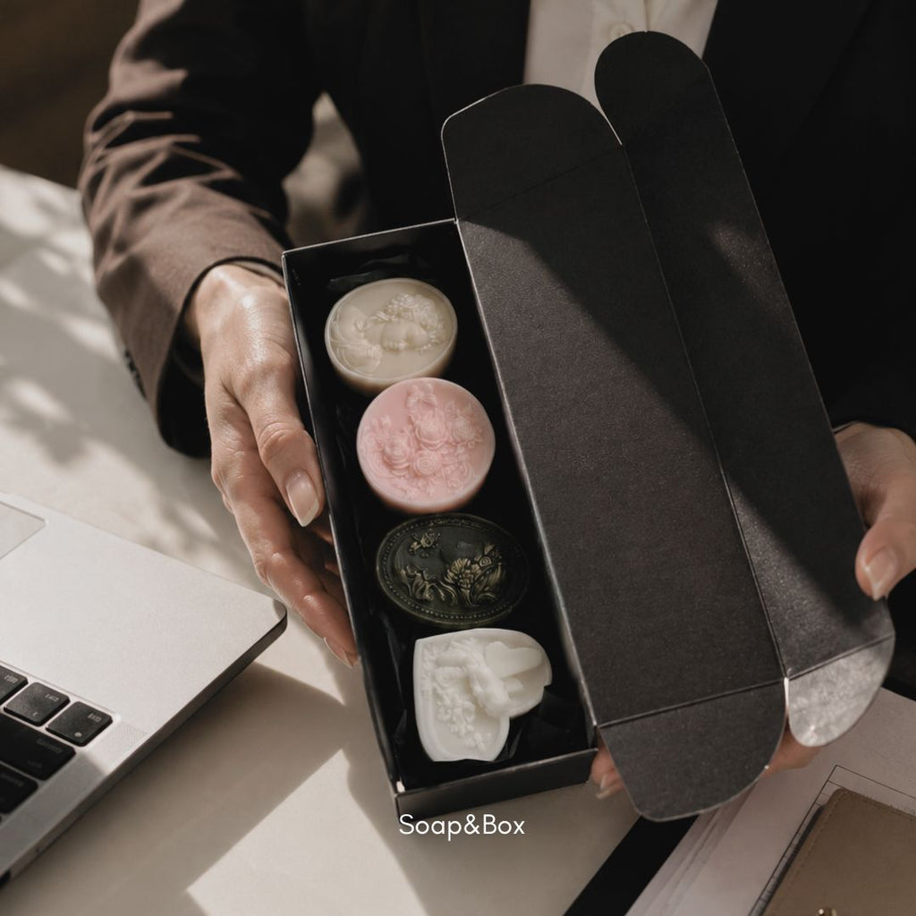 Handcrafted soap gift set in elegant black packaging by Soap&Box