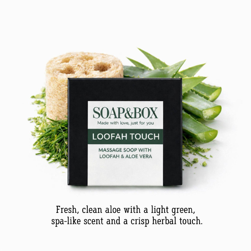 Refreshing aloe & loofah bar – the perfect blend of exfoliation and hydration by Soap&Box.