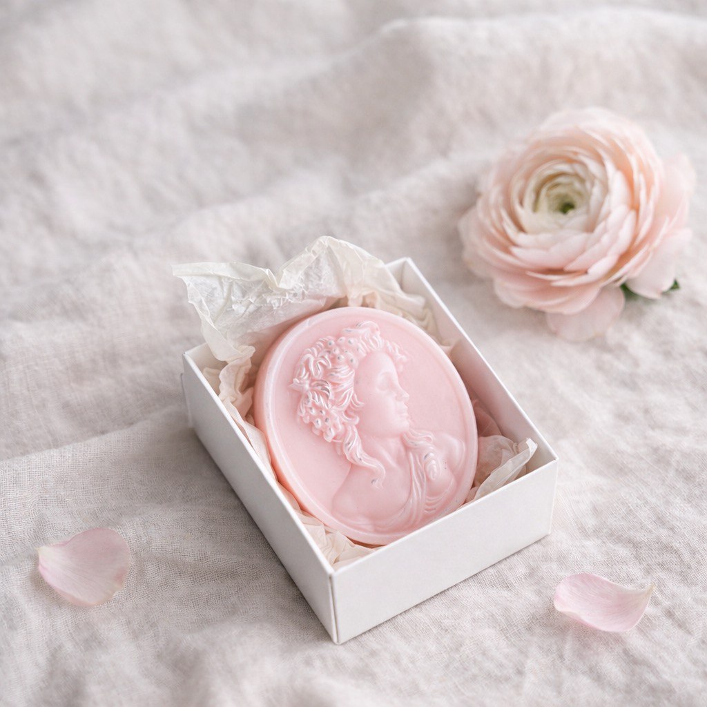 Rosy Muse soap in elegant eco box – gentle rose soap with glycerin and vitamins for smooth, radiant skin.