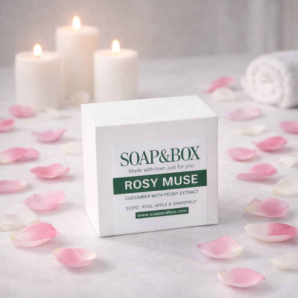 Rosy Muse soap in elegant eco box – gentle rose soap with glycerin and vitamins for smooth, radiant skin.