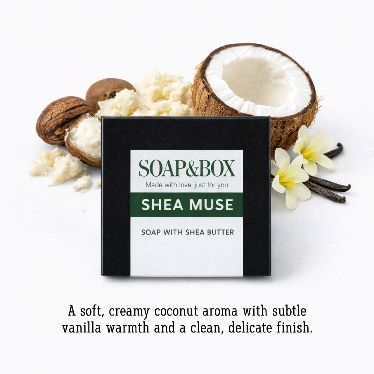 Soap&Box Shea Muse soap in black eco box – gentle shea butter bar with warm sandalwood and coconut scent.