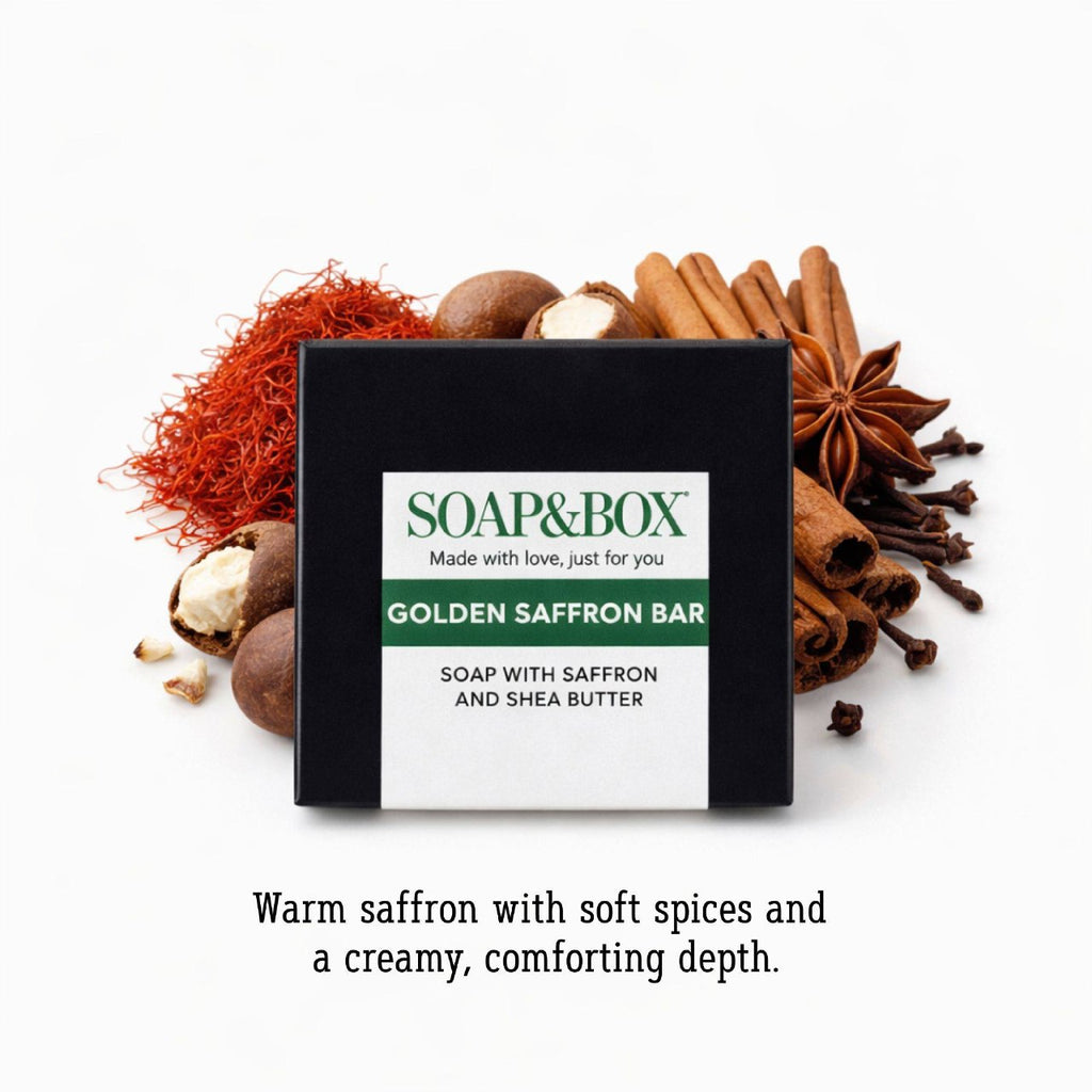 Golden Saffron handmade soap with saffron, shea butter and glycerin on a light background