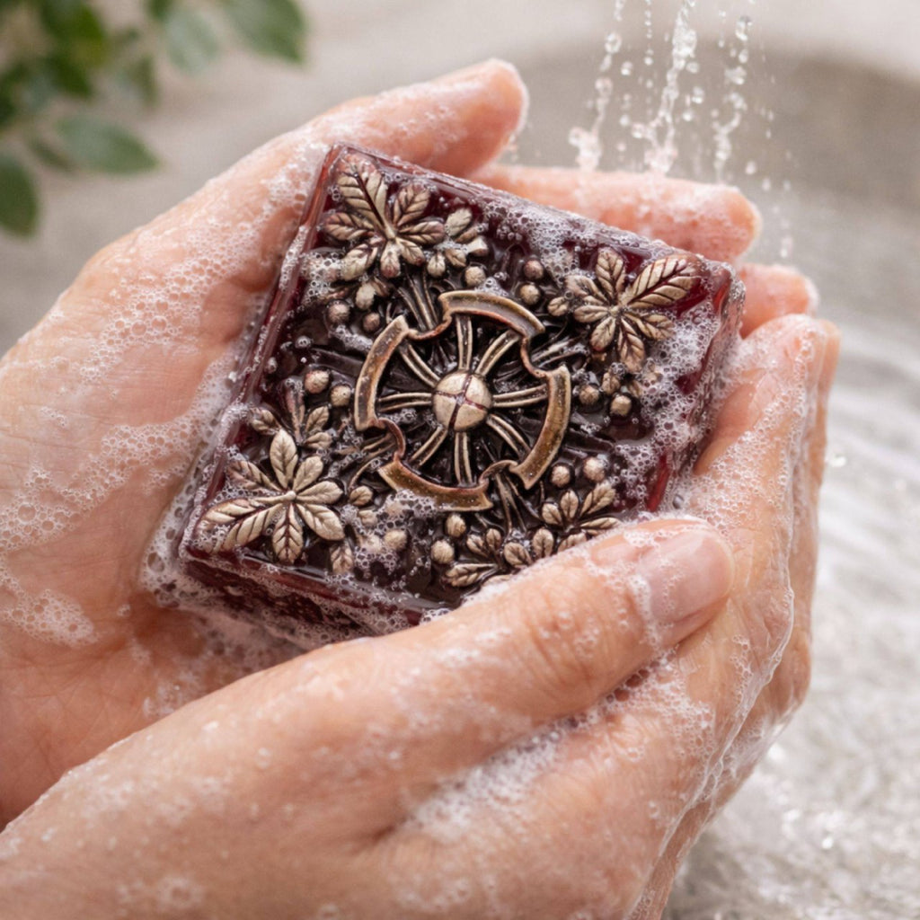 Golden Saffron handmade soap with saffron, shea butter and glycerin on a light background