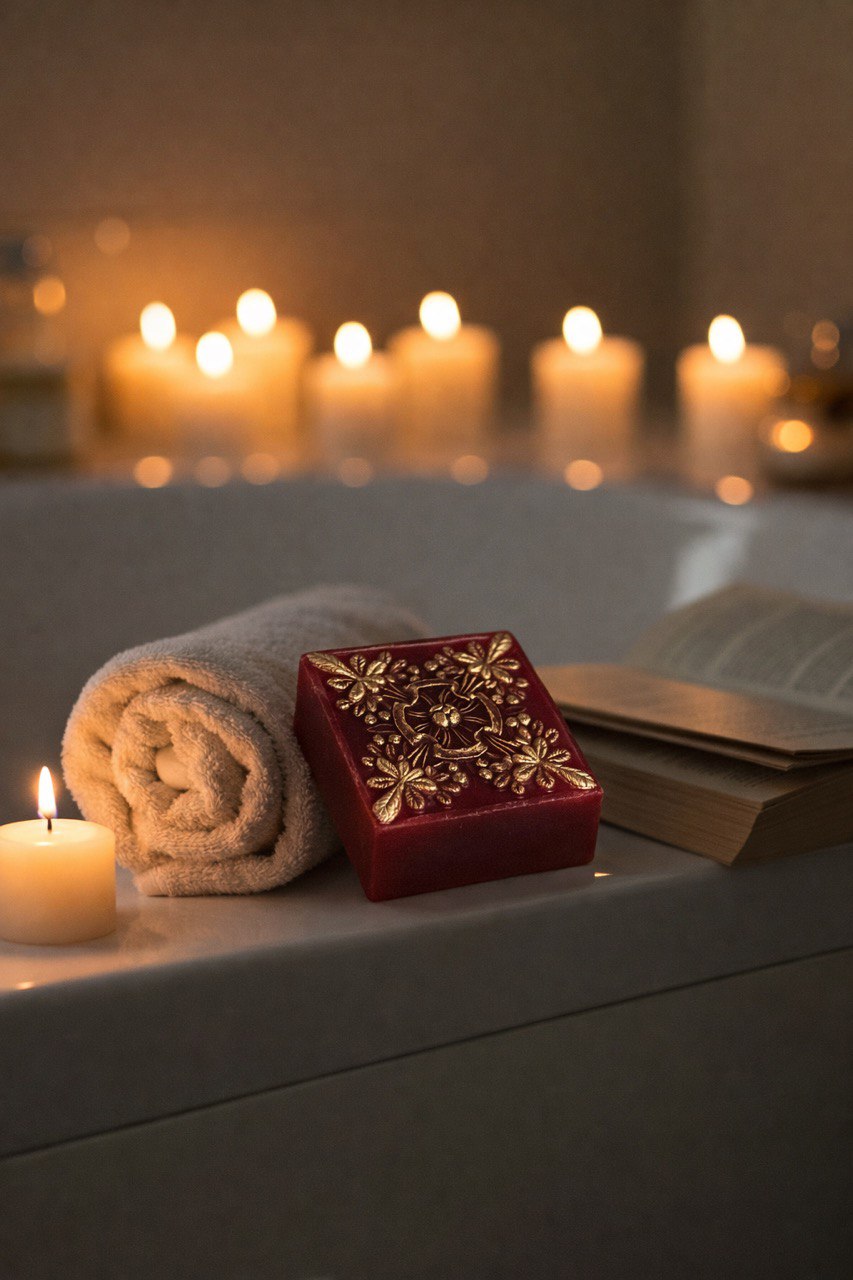 Golden Saffron handmade soap with saffron, shea butter and glycerin on a light background