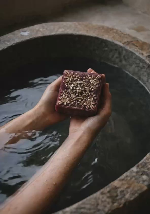 Golden Saffron handmade soap with saffron, shea butter and glycerin on a light background