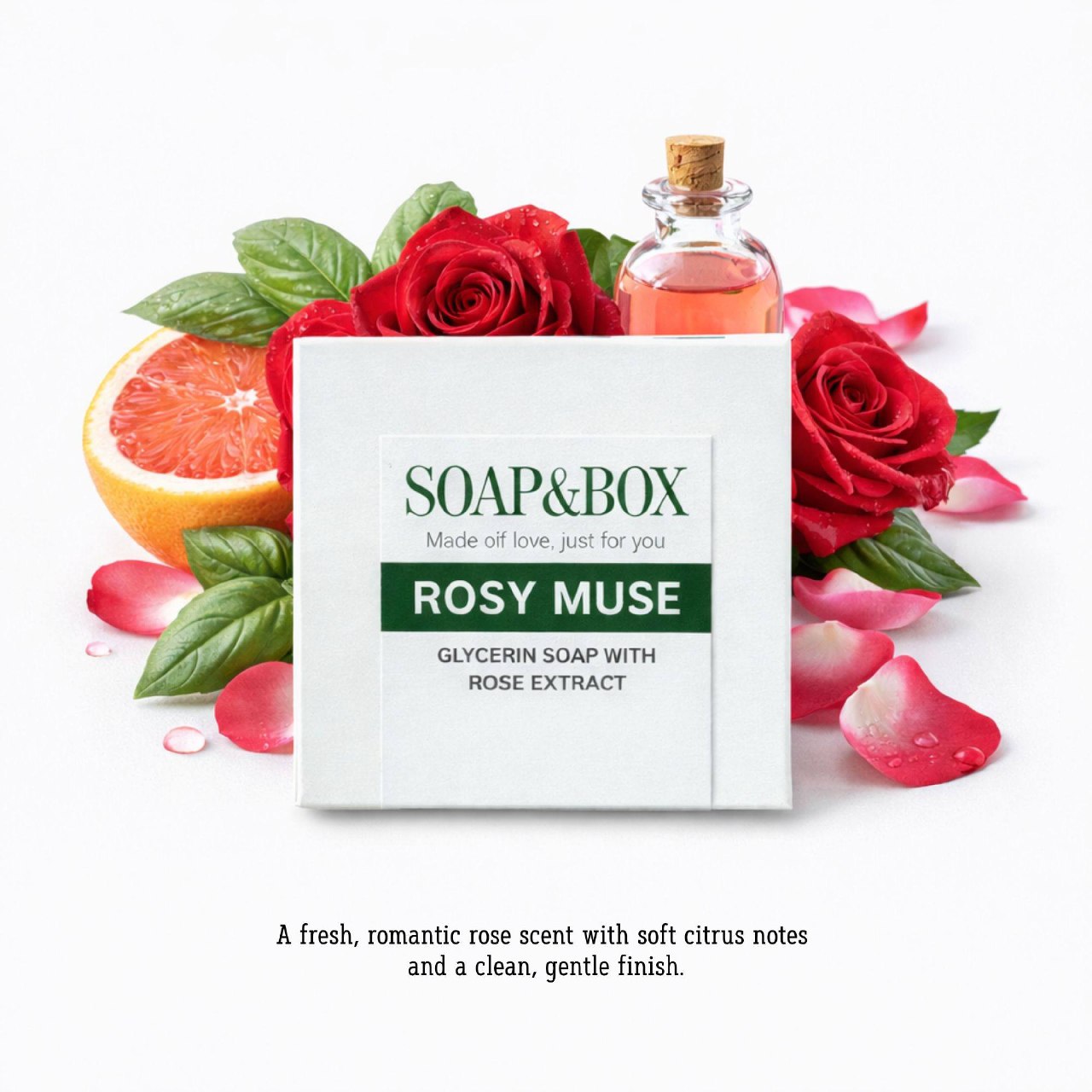 Rosy Muse soap in elegant eco box – gentle rose soap with glycerin and vitamins for smooth, radiant skin.
