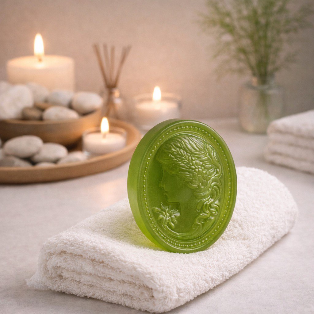 Green soap with decorative design on a black floral arrangement in a bathroom setting.