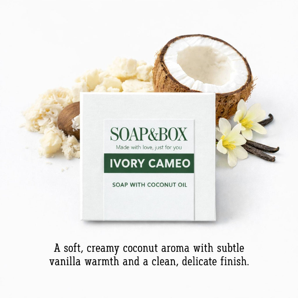 A soft, snow-white bar enriched with shea butter, prized for its deep moisturizing and protective properties.