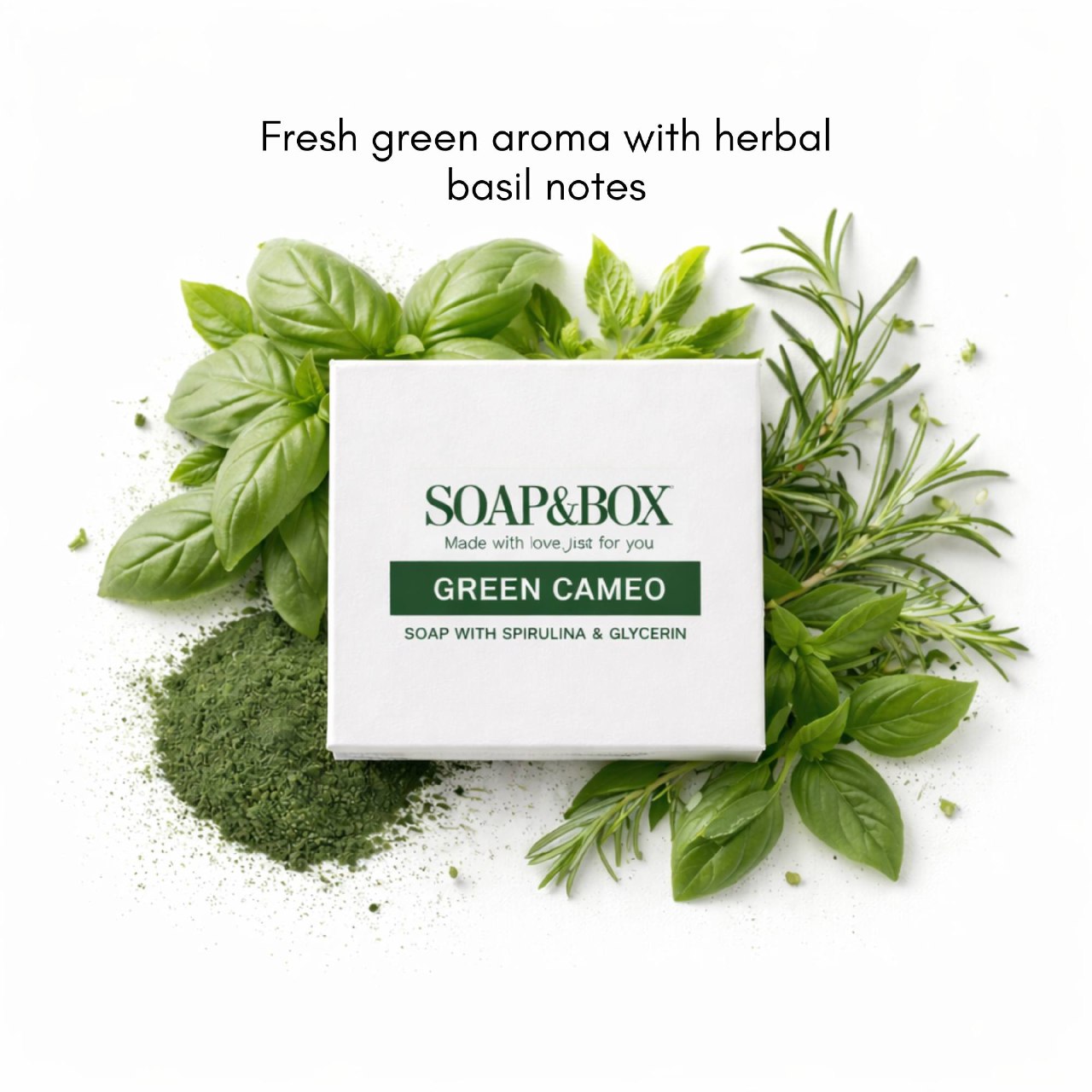 Green soap with decorative design on a black floral arrangement in a bathroom setting.