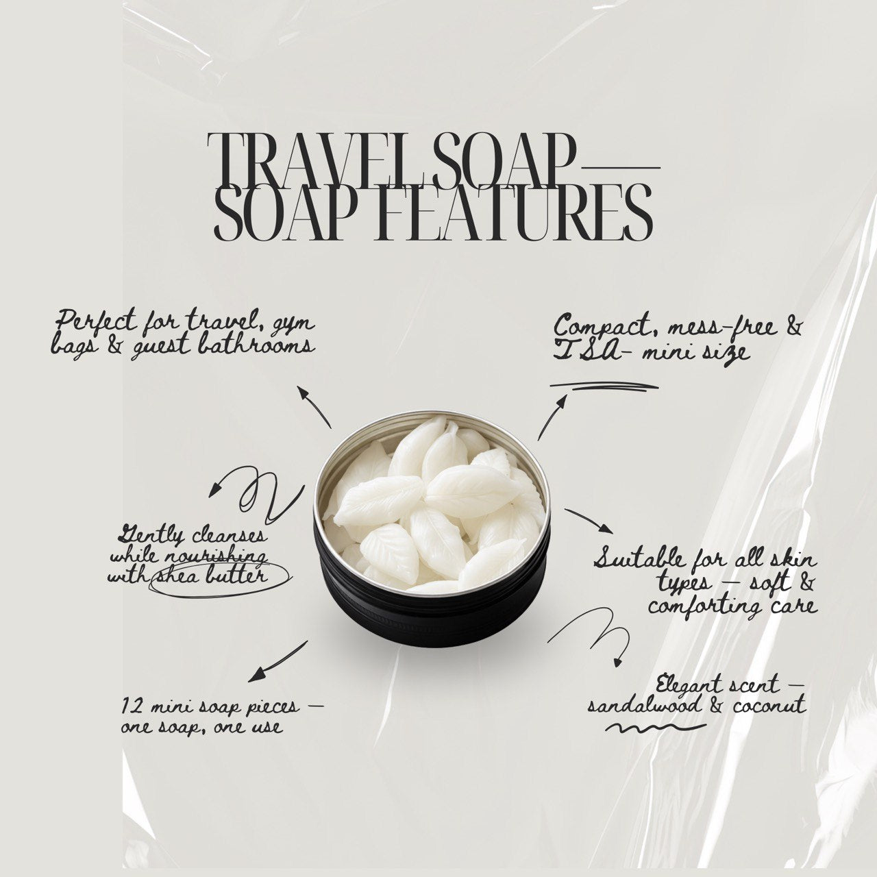 Travel Soap by Soap&Box – 20 mini shea butter soaps in reusable tin, perfect for travel & daily care.